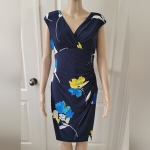 Ralph Lauren Navy Blue Floral Print‎ Jersey Ruched Dress Size 4